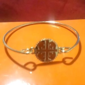 bangle bracelet XL 2.75 inch across gold tone with orange enamel inlay.